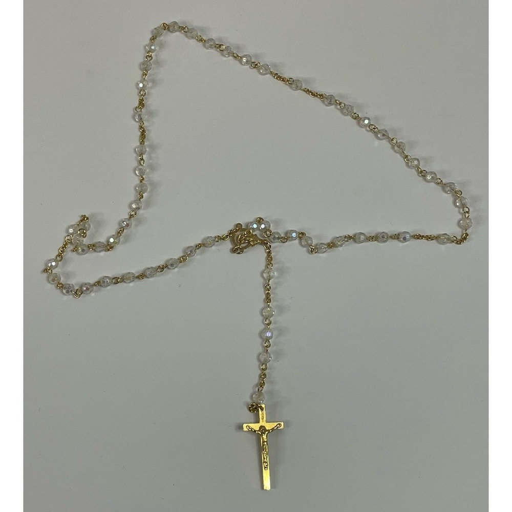 Vintage Gold Tone Rosary Necklace Iridescent Clear Glass Beads Virgin Mary Cross